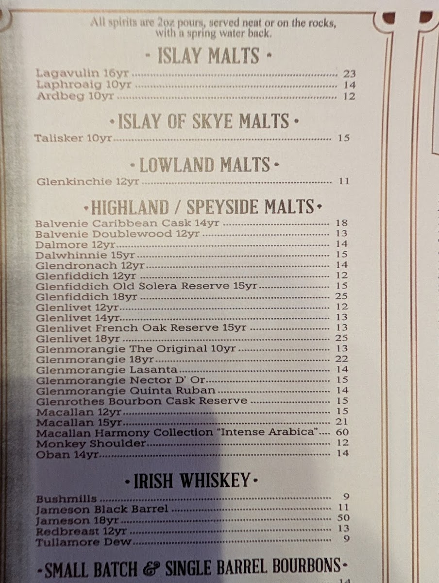 Park Lane Tavern Menu - Image 1